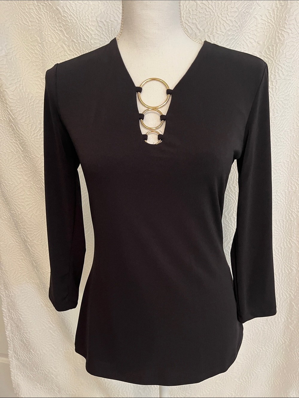 INC International Concepts Black Long-Sleeve V-Neck Top with Gold Ring Accents